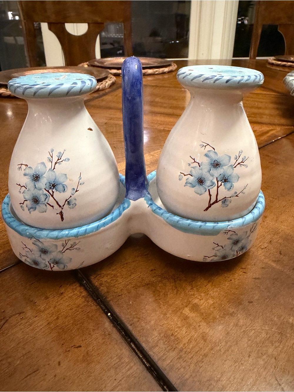 Blue Floral Ceramic Condiment Set with Handle Vintage signed Postitano